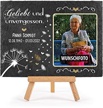 PR Print Royal Schieferplatte selbst gestalten - Gedenktafel mit Foto, Name & Datum bedrucken - Geliebt und unvergessen - Grabtafel, Grabschmuck | Schiefertafel mit Staffelei, 15x20 cm