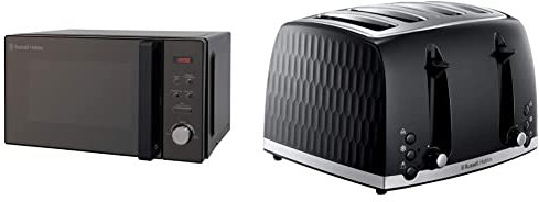 Russell Hobbs RHM2076B 20 Litre 800 W Black Digital Solo Microwave with 5 Power Levels, 8 Auto Cook Menus, Clock & Timer, Easy Clean & 26071 4 Slice Toaster - Contemporary Honeycomb, Black