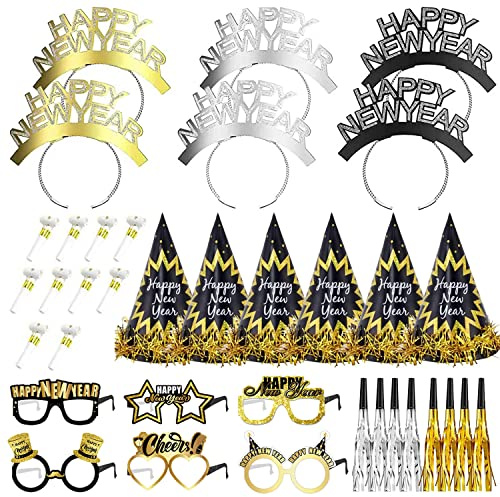 36pcs New Year's Eve Party Supplies 2026, Happy New Year Headband, New Year Party Hats, Paper Happy New Year Eyeglasses and Party Blowers for Kids Adults, 2026 New Years Eve Party Decorations