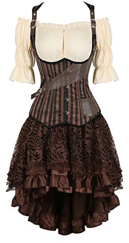 Grebrafan Steampunk Gestreift Corsage mit Rock und Piratenbluse5XL Braun