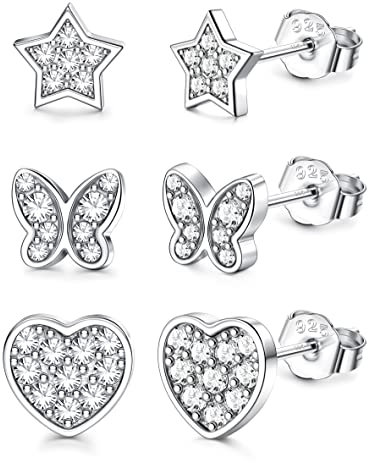 ORAZIO 3 Paare 925 Sterling Silber kleine Ohrstecker Ohrringe Für Mädchen Kinder Schmetterling Herz Stern Cubic Zirkonia Knorpel Ohrringe Set für Frauen Kinder Hypoallergene Ohrstecker Set D