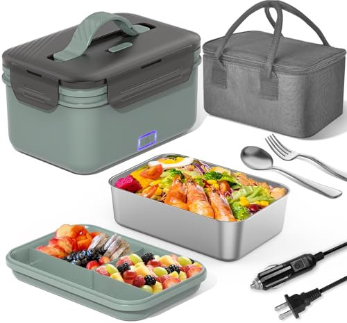 Vingud Lonchera eléctrica para alimentos, 1.8 L, para el trabajo, coche, camión, lonchera térmica para adultos con recipiente de acero inoxidable de 1.8 L, 12 V, 24 V, 110 V (verde + gris)