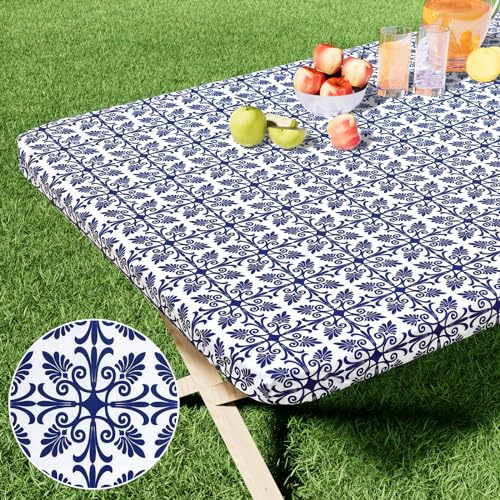 misaya Nappe rectangulaire en Vinyle, Nappe élastique ajustée avec Envers en Flanelle, 100% Plastique imperméable, pour Tables Pliantes de 1,8 m, pour Pique-Nique, Camping, extérieur, (Bleu Marine