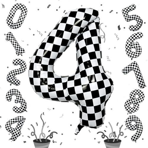 Große 4 Luftballon Zahl Deko für Kinder, 40'' Karierter Zahlen 4 Luftballon, Schwarz Weiß Folienballon 4 für Mädchen Jungen 4. Geburtstag Jubiläum Rennwagen Autos Party Dekoration, Fliegt mit Helium