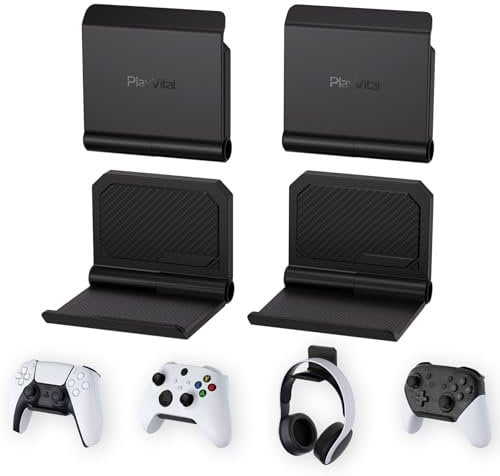 playvital 4 Set FOLD Controller Wall Mount for ps5/4, Gaming Headset Stand, Foldable Wall Stand for Xbox Series X/S, Switch Pro, Wall Holder for Xbox Wireless Headset, for Pulse 3D Headset - Black