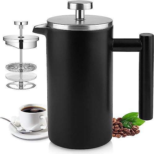 Wrobic Prensa francesa grande doble aislado 304 acero inoxidable cafetera con 3 liquetas extra, 1.5 litros de acero inoxidable cafetera (1500ml, negro), W-CT0003DE
