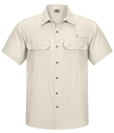 Outdoor Ventures Camisa de hombre de manga corta con protección UV, impermeable, de secado rápido, para senderismo, pesca, viajes, safari, Color caqui claro., L