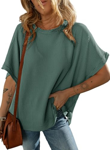 Dokotoo Womens Ladies Oversized T Shirts for Women 2026 Fahion Short Sleeve Crewneck Tunic Texture Knit Tops Casual Solid Summer Loose Fitting Trendy Slouchy Tee Shirts Blackish Green X-Large