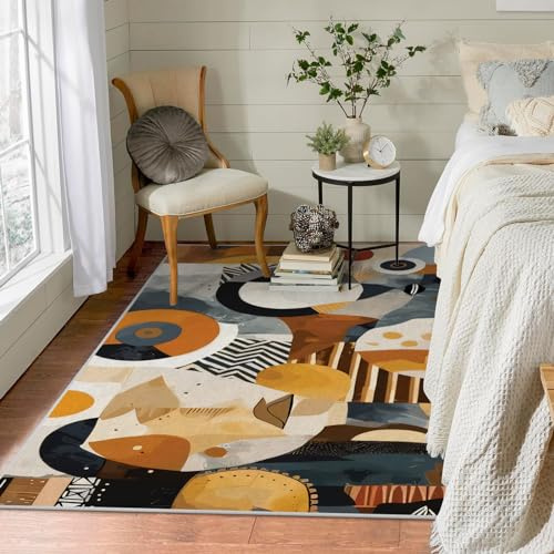 Teppich Quadratisch 150x150 Moderne Abstrakt Teppich Kurzflor Waschbar in Waschmaschine Afrika Kunst Teppich Gegend rutschfest Dünn Saugfähig für Wohnzimmer Schlafzimmer Küchen