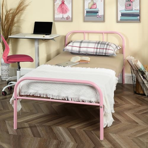 FurnitureR Cadre de Lit Simple en Métal, avec Tête et Pied de lit, Base en Fer Solide pour Enfants ou Adolescents, Maison, Dortoir D'étudiants, Chambre d'enfants, Rose