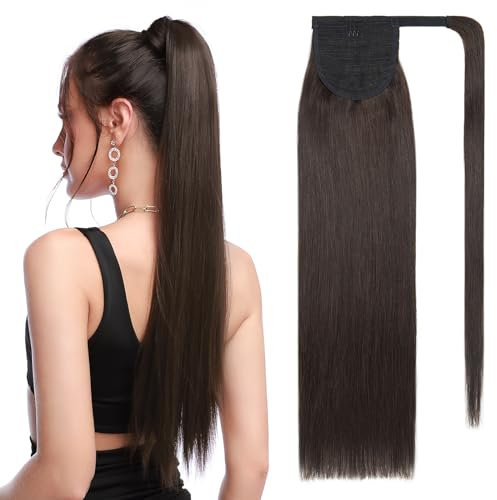 SEGOHAIR Pferdeschwanz Haarteil Echthaar Extensions Zopf 22(55cm) Clip in Extensions Echthaar Lang Glatt Echte Haare Extensions Echthaar Remy Dunkelstes Braun-95g