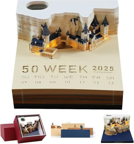 3D Memo Pad Kalender 2025,3D-Magisches Schloss Wochenkalender Notizblock mit Licht&Halter,Zeitstück Tischkalender Memo Pad DIY Dekoration Geschenk