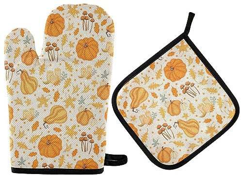 Vikeiac Set di guanti da forno e presine autunnali con zucche accoglienti elementi stagionali porta guanti da cucina resistenti al calore guanti da cucina per barbecue cottura grigliata