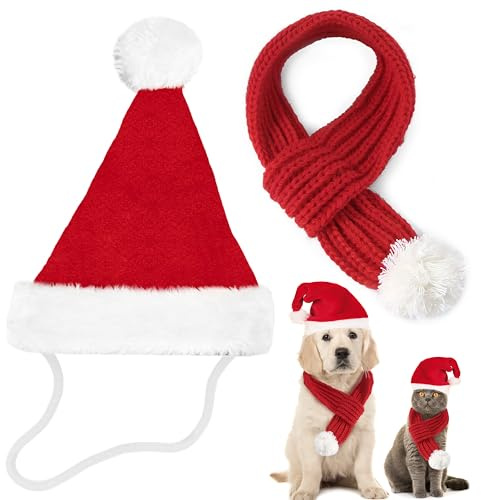 TirEurt Hund Katzen Kostüm Weihnachten - 2 Stück Haustier Weihnachten Kostüm Kleidung, Rot Weihnachtsmütze und Schal Weihnachtskostüm Outfit Weihnachtsmütze für Klein Hund Katze, Größe S