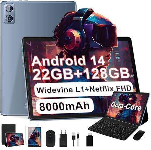 Dghrti Tablet Android 14 10 Pulgadas, 22GB RAM + 128GB ROM (TF 1TB), Octa-Core, 2.0GHz, Widevine L1, 8000mAh, Dual WiFi, 5MP+8MP, Carcasa MetÃlica, Tablet 2 en 1 con Teclado y Ratón-Gris