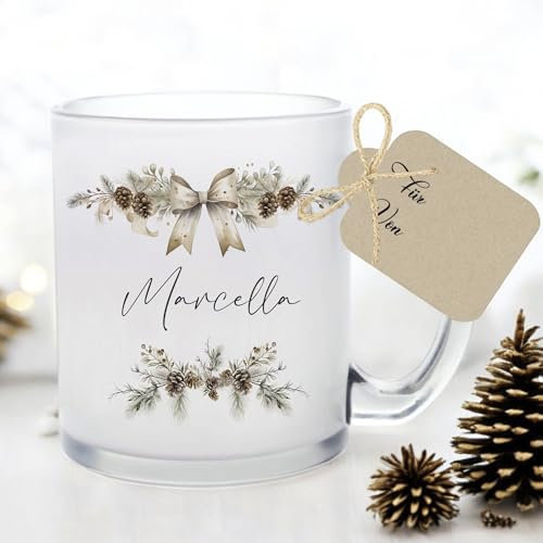 Manufaktur Liebevoll I Tasse Weihnachten Glastasse Glühweintasse mit Namen Weihnachtstasse personalisiert Tasse Nikolaus Weihnachtsgeschenke Kinder Glühwein Frauen Männer Kollegin (Marcella)
