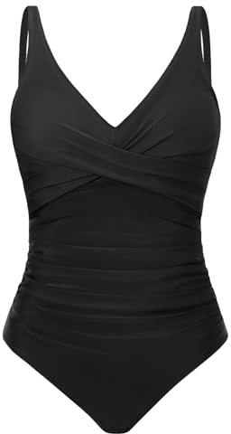 CMTOP Maillot de Bain Femme 1 Pieces Col en V Push Up Maillots Une Pièce, Contrôle du Ventre Maillots de Bain, Ruché Effet Gainant Ventre Plat Monokini, Amincissante Swimsuit