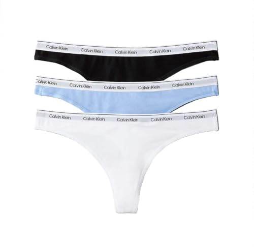 Calvin Klein Women's THONG 3PK 000QD5209E Thong, Blue (BLACK/WHITE/FROZEN FJIORD), L
