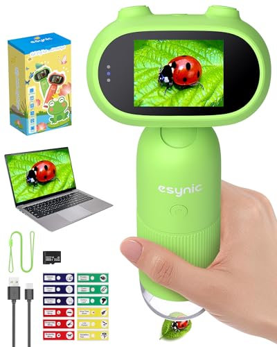 eSynic Microscopio Digital para Niños con Pantalla HD 2.0-Microscopio Portátil con Aumento 500-1000X Mini Microscopio con 8 Luces LED Cámara 2MP Incluye 32GB y 12 Portaobjetos para Aprender y Ciencia