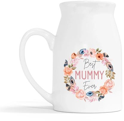 Lovely Mothers Day Milk Jug Vase - Best Mummy Ever Flower Wreath Ceramic Vase - Mothers Day Mum Mothering Sunday Mummy