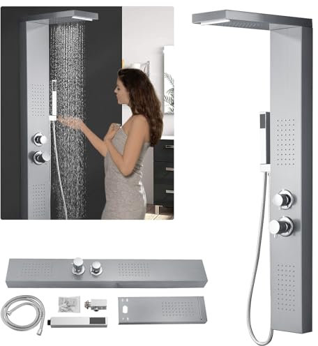 Colonne de douche d'angle en acier inoxydable 4 fonctions avec douche à effet pluie, douchette à main, bec de baignoire et buses