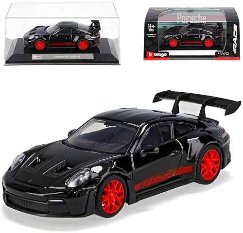 alles-meine.de GmbH Porsche 911 992 GT3 RS Coupe Schwarz mit Streifen in Rot Neue Generation Ab 2019 Version Ab 2022 mit Sockel und Vitrine 1/43 Burago Modell Auto mit individiue..
