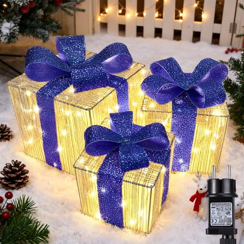 iBaycon Weihnachtsbeleuchtung Beleuchtete Geschenkboxen Warmweiß Blau | 140 LED Lichterkette Außen Weihnachten,Timer Geschenkboxen Weihnachtsdeko Weihnachtsbeleuchtung Außen Garten Hof,3 Stück