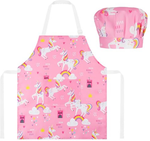 ABOHU Delantal para Niños+Gorro De Cocinero,Ajustable Niñito Delantales con bolsillos,Delantal Infantil Cocina para Pintura Artesanía,Cocinar,Hornear,Jardín,Cocina