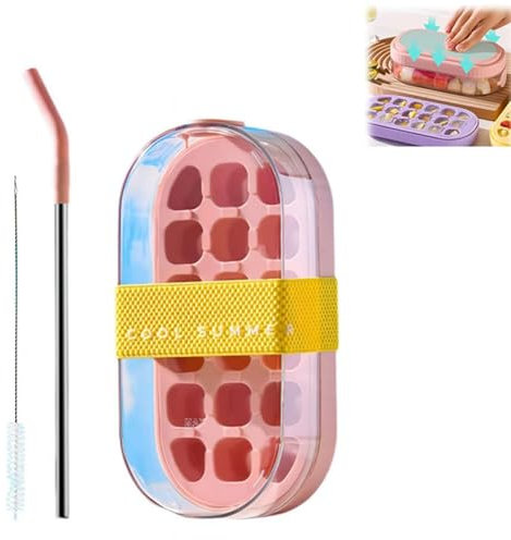 Ice Cubes Bottle with Straw, 2 in 1 Water Bottle Ice Cubes Tray with Lid and Bin, Pressed Ice-Cubes Cup for Home Coffee Freezer Coffee Juice Beverages