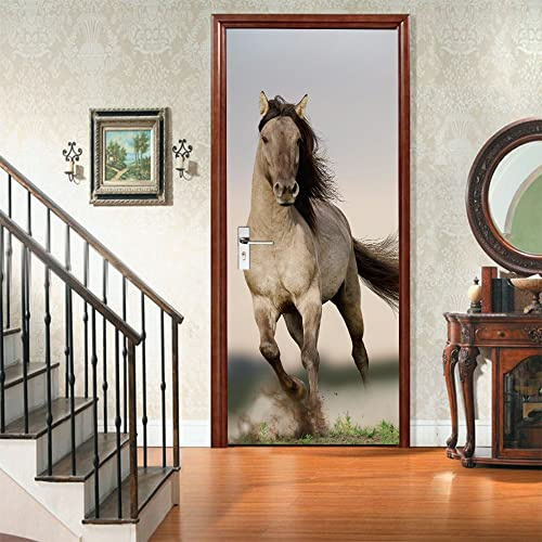 Cheval de Course Auto-Adhésif 3D Sticker de Porte/Poster de Porte 83x205 cm Brun Autocollant en PVC pour Décoration Intérieure Bureau, Chambre, Salon – Art Décoratif