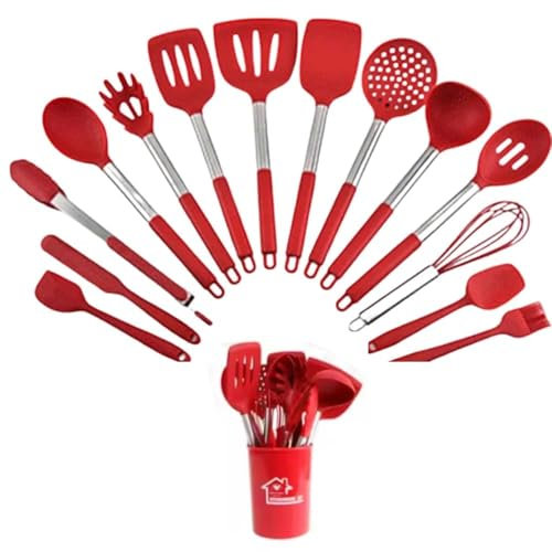 TINA&CO Juego de utensilios de cocina silicona 15 piezas de silicona con mango de acero inoxidable, resistentes al calor, antiadherente, espátulas grandes, apto para lavavajillas (Rojo)
