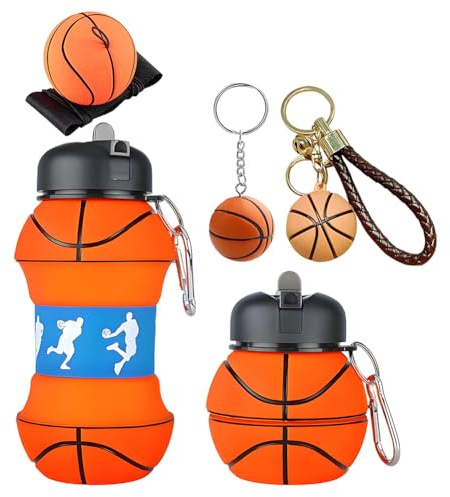 Borraccia Silicone Design Basket, Borraccia Silicone Basket con Kaki Portachiavi a Forma di Basket, Bottiglia Richiudibile da 550 ml, Sfera da polso Adatta a Campeggio Viaggi Sport per Bambini e Adul