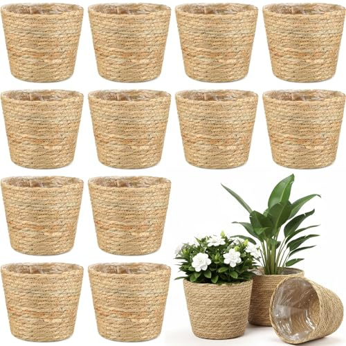 AceOrbit 12 Stück Weidenkorb mit Einlagen, gewebte Pflanzkörbe, Großpackung für drinnen und draußen, Seegras-Pflanzen, gewebte Weidenkörbe für Blumentöpfe, Abdeckung und Raumdekoration (klein