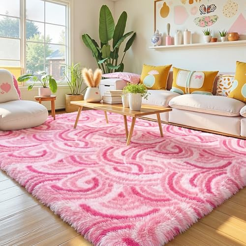 Enyhom Hochflor Teppich Wohnzimmer Waschbar, Regenbogenmuster Teppich Kinderzimmer Flauschige rutschfest Teppiche Schlafzimmer Anti-Rutsch Wohnzimmerteppich Weich (Rosa, 160 x 230 cm)