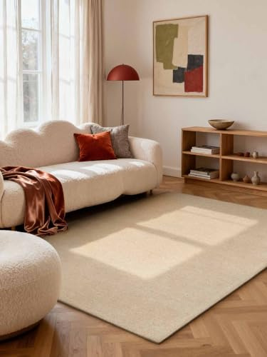 Elle Decoration Puristic - Wollteppich Knots, Natürlich & Handgemacht, Bouclé Teppich Einfarbig, Natur Wohnzimmerteppich, feines Loop Design für Wohzimmer, Schlafzimmer - Hell Beige, 160x230 cm