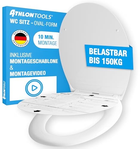 ATHLON TOOLS Toilettendeckel mit Absenkautomatik O-Form – Duroplast WC Sitz | Soft-Close & Quick-Release – Antibakterielle, kratzfeste & UV-beständige Klobrille inkl. Installationsschablone