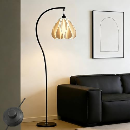 HYKISS Nordische Bogen-Stehleuchte Mit Stoff-Blattenschirm Moderne Boho Stehleuchte Mit Gebogenem Stiel Mit Fußschalter Für Wohnzimmer Schlafzimmer(Large Size)