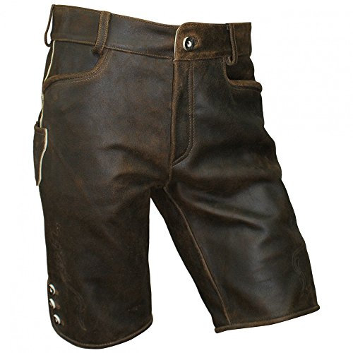 Lederhose kurz braun speckig Antik-Patina Trachten Leder Hose Trachtenlederhose Reißverschluß Zipp Hornknöpfe weiches Wildbockleder Herren (auch Damen) Freizeit und Wandern, Größe:58