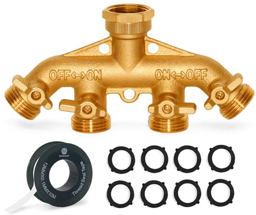 Morvat Brass 4-Way Splitter LEAD-FREE, Heavy-Duty Garden Hose Manifold Connector with Improved Comfort Grip ON/OFF Valves, Adapter for Water Faucet & Spigot, Includes 8 Washers, Teflon Tape (1-Pack)