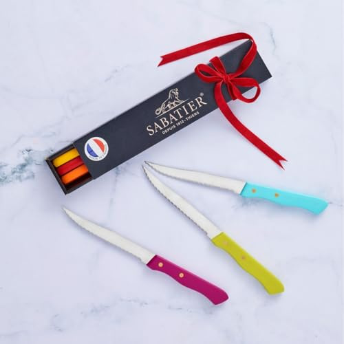 Sabatier – 6er-Set Steakmesser SERIE 197 – 11,5 cm – Mikrogezahnte Klinge aus Edelstahl und Messingnieten – Ideal zum präzisen Schneiden Ihrer Steaks