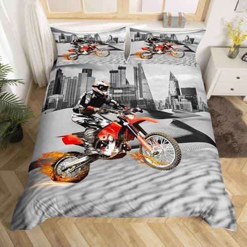 Motorrad 3D Print Betten Set Grau Stadt Moto-Cross Bettwäsche Set Microfaser Himmlische Qualität (120 GSM) Luxus Bettbezug mit 1 Kissenbezug 2 teilig 135x200 cm + 80x80 cm Jungen Mädchen Kinder