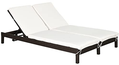 Outsunny Lettino Prendisole a 2 Posti, Sdraio in Acciaio e Rattan, Schienale Regolabile, 196 x 120 x 28cm Marrone e Bianco Crema
