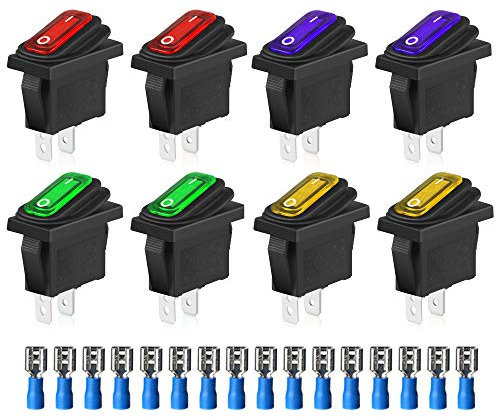 Gebildet 8 Pcs étanche Voiture Marche/Arrêt SPST 3 Broches 2 Positions 12 V/24 V/125 V/250 V-15A, KCD3 Interrupteurs à Bascule (Rouge/Jaune/Vert/Bleu) + 16 Pcs Bornes