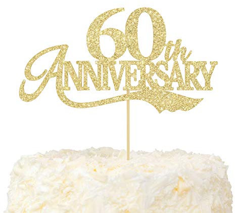 LOVENJOY Tortenaufsatz zum 60. Hochzeitstag Gold Glitter Happy 60th Anniversary Tortendeko für 60 Jahrestag Party Cake Dekoration