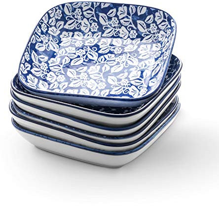 Selamica Lot de 6 assiettes carrées en porcelaine Bleu vintage 20,3 cm