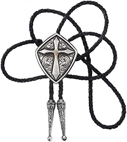 STARBRILLIANT Cowboy Western Krawatte Bolo Krawatte für Herren Vintage Schild mit handgefertigtem schwarzem Leder(Silver cross)