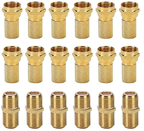 VooGenzek Set di Connettori F, con 6 Connettore F× e 12 × F Plug 7mm Placcato in Oro con Guarnizione in Gomma Dado Largo, per TV Satellitare Sky/Freesat/Virgin Media