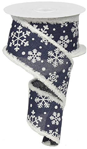 Marineblaue Schneeflocken Drahtband – 5,1 cm x 9,1 m, weiße Chenille-Ränder, glitzernde weiße Schneeflocken, Weihnachtsdekoration, Kranz, Hanukka, Weihnachtsgirlande, Schleifen, Geschenkkorb