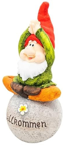 Wichtelstube-Kollektion XXL Gartenzwerg auf Stein Willkommen Schriftzug Schild Yoga Übung lustige Gartenfigur Gartendeko Figuren für außen Wetterfest Wichtel