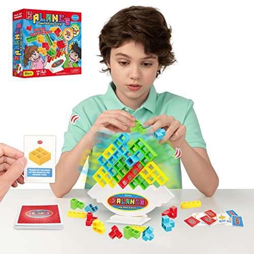 iYuePeng 32-teiliges Tetra Balance Tower-Spiel, Stapel-Team-Bausteine-Brettspiel für Kinder und Erwachsene, Drop The Pile of Tower STEM-Spielzeug für 2 Spieler, Familie, Partys, Reisen, Blau, Rot, Grü